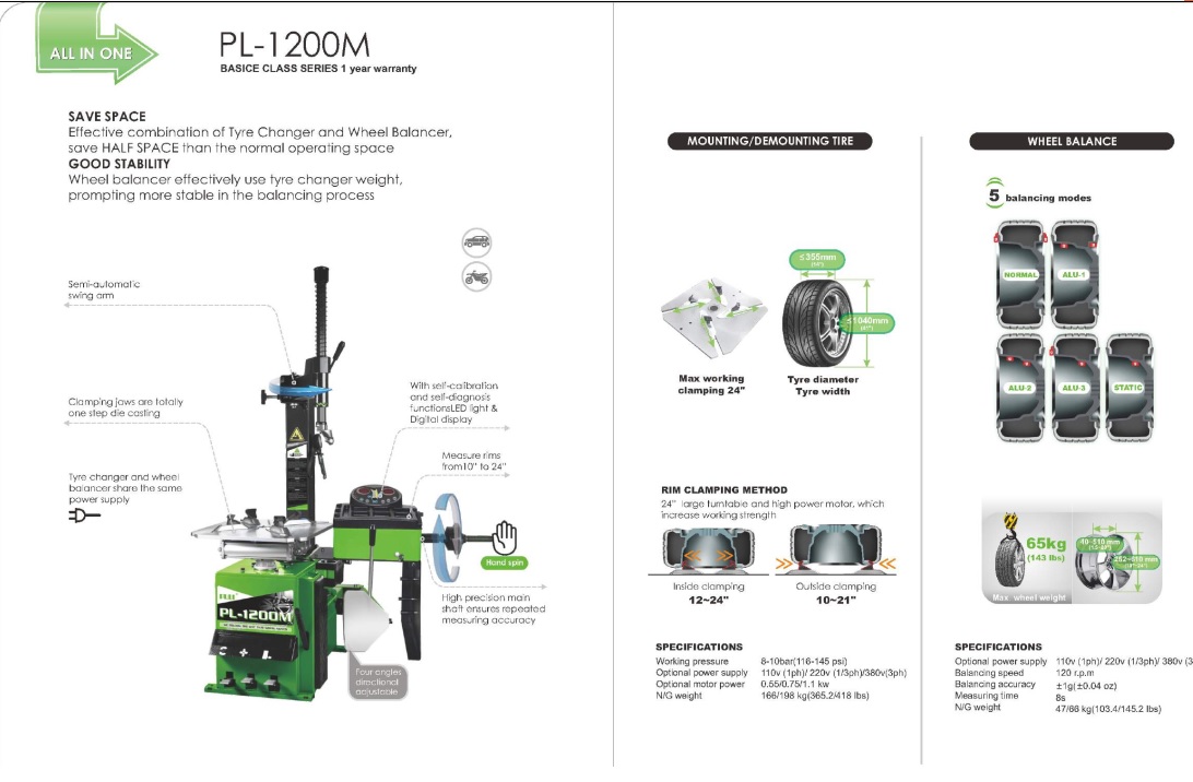 Máy ra vào lốp xe con kết hợp cân bằng lốp Model PL-1200M 